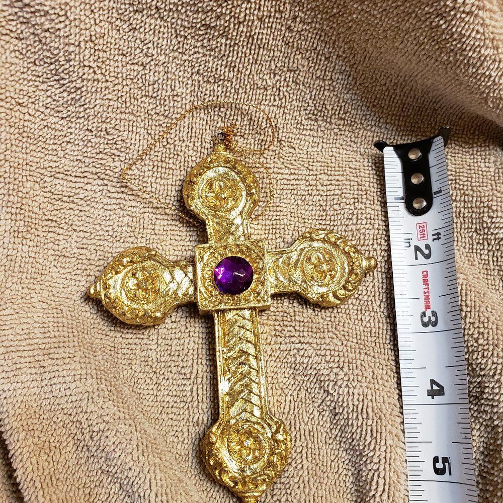 Christmas Ornament Gold Cross with Purple Faux Gem